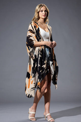 Trinity Artistic Floral Kimono in Taupe, Black + Tangerine-4- Overlayer Tops-urbanista-Styled by Stacked - A Plus Size Women's Boutique in Lakeville, MN