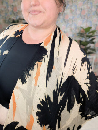 Trinity Artistic Floral Kimono in Taupe, Black + Tangerine-4- Overlayer Tops-urbanista-Styled by Stacked - A Plus Size Women's Boutique in Lakeville, MN