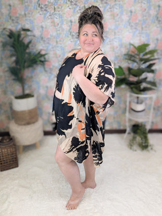 Trinity Artistic Floral Kimono in Taupe, Black + Tangerine-4- Overlayer Tops-urbanista-Styled by Stacked - A Plus Size Women's Boutique in Lakeville, MN