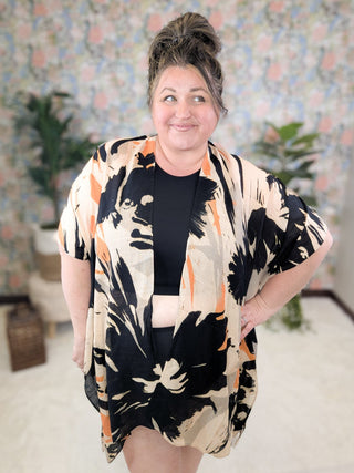 Trinity Artistic Floral Kimono in Taupe, Black + Tangerine-4- Overlayer Tops-urbanista-Styled by Stacked - A Plus Size Women's Boutique in Lakeville, MN