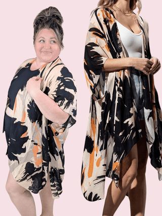 Trinity Artistic Floral Kimono in Taupe, Black + Tangerine-4- Overlayer Tops-urbanista-Styled by Stacked - A Plus Size Women's Boutique in Lakeville, MN