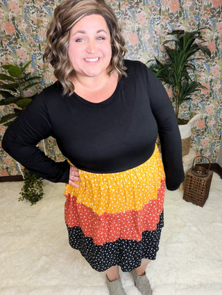 Trisha Tiered Babydoll Dress in Colorblock Florals-11- Dress/Romp/Jump-HAPTICS-Styled by Stacked - A Plus Size Women's Boutique in Lakeville, MN