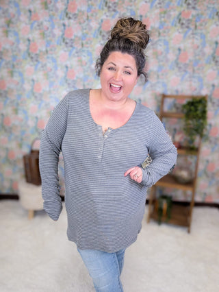 2- Long Sleeve Tops Tristan Striped Long Sleeve Henley w/Snaps (3 Colors) plus size clothing