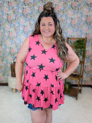 1- ShortSlv/Slvless Tops Tyler Tiered Tank in Pink w/Black Stars plus size clothing