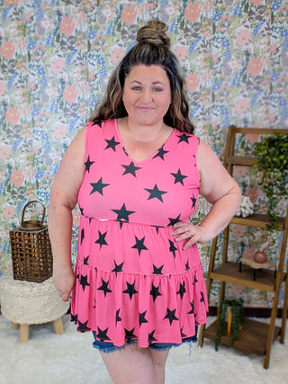 1- ShortSlv/Slvless Tops Tyler Tiered Tank in Pink w/Black Stars plus size clothing