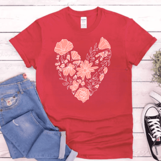 Floral Peach + White Heart Tee on Heathered Red-6- Graphic Tops-Stacked - A Plus Size Boutique-Styled by Stacked - A Plus Size Women's Boutique in Lakeville, MN