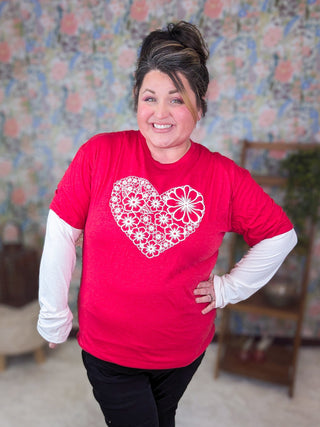 White Sketched Floral Heart Tee on Heathered Red-6- Graphic Tops-Stacked - A Plus Size Boutique-Styled by Stacked - A Plus Size Women's Boutique in Lakeville, MN