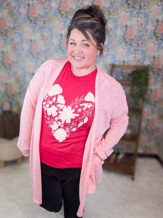Floral Peach + White Heart Tee on Heathered Red-6- Graphic Tops-Stacked - A Plus Size Boutique-Styled by Stacked - A Plus Size Women's Boutique in Lakeville, MN