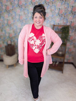 Floral Peach + White Heart Tee on Heathered Red-6- Graphic Tops-Stacked - A Plus Size Boutique-Styled by Stacked - A Plus Size Women's Boutique in Lakeville, MN