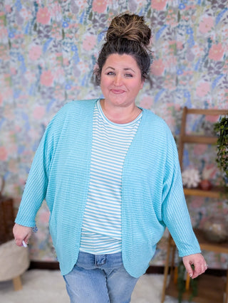 4- Overlayer Tops Valeria Waffle Knit Dolman Cardigan in Aqua Blue plus size clothing