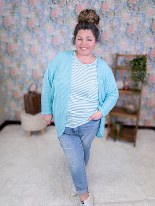4- Overlayer Tops Valeria Waffle Knit Dolman Cardigan in Aqua Blue plus size clothing