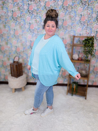 4- Overlayer Tops Valeria Waffle Knit Dolman Cardigan in Aqua Blue plus size clothing