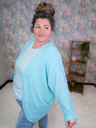 4- Overlayer Tops Valeria Waffle Knit Dolman Cardigan in Aqua Blue plus size clothing