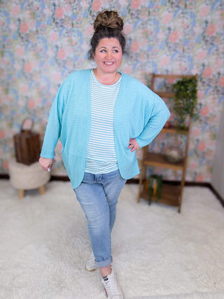 4- Overlayer Tops Valeria Waffle Knit Dolman Cardigan in Aqua Blue plus size clothing