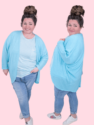 4- Overlayer Tops Valeria Waffle Knit Dolman Cardigan in Aqua Blue plus size clothing
