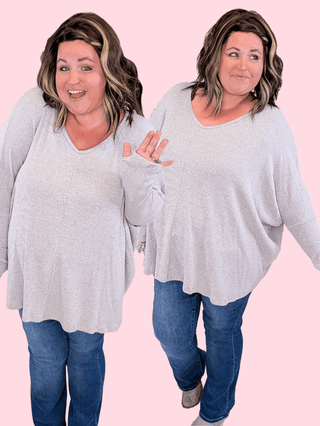 2- Long Sleeve Tops Valerie Brushed Ribbed Dolman w/Thumbholes in Gray plus size clothing