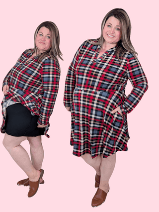 Vanessa Gabby Slitneck Dress w/Shorts in Plaid-11- Dress/Romp/Jump-WHITE BIRCH-Styled by Stacked - A Plus Size Women's Boutique in Lakeville, MN