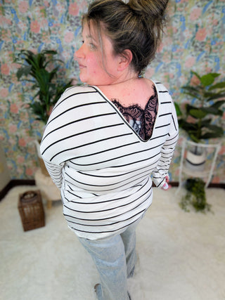 Veda Striped Long Sleeve w/Lace Back (2 colors)-2- Long Sleeve Tops-LOVELY MELODY-Styled by Stacked - A Plus Size Women's Boutique in Lakeville, MN