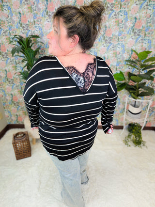 Veda Striped Long Sleeve w/Lace Back (2 colors)-2- Long Sleeve Tops-LOVELY MELODY-Styled by Stacked - A Plus Size Women's Boutique in Lakeville, MN