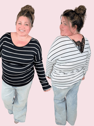 Veda Striped Long Sleeve w/Lace Back (2 colors)-2- Long Sleeve Tops-LOVELY MELODY-Styled by Stacked - A Plus Size Women's Boutique in Lakeville, MN