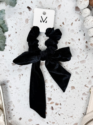 12- Accessories & Gifts Velour Bow Scrunchie in Black plus size clothing