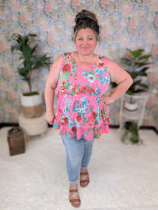 Vida Babydoll Tank in Florals on Bright Pink-1- ShortSlv/Slvless Tops-BE STAGE-Styled by Stacked - A Plus Size Women's Boutique in Lakeville, MN
