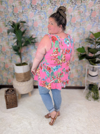 Vida Babydoll Tank in Florals on Bright Pink-1- ShortSlv/Slvless Tops-BE STAGE-Styled by Stacked - A Plus Size Women's Boutique in Lakeville, MN