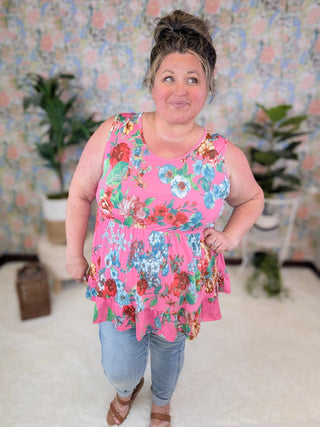 Vida Babydoll Tank in Florals on Bright Pink-1- ShortSlv/Slvless Tops-BE STAGE-Styled by Stacked - A Plus Size Women's Boutique in Lakeville, MN