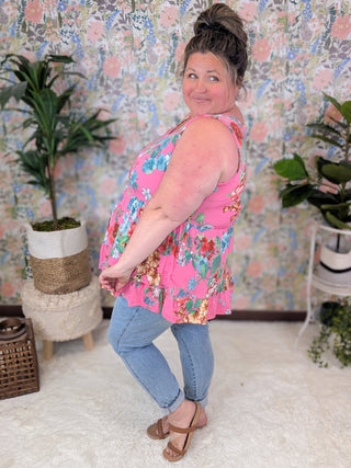Vida Babydoll Tank in Florals on Bright Pink-1- ShortSlv/Slvless Tops-BE STAGE-Styled by Stacked - A Plus Size Women's Boutique in Lakeville, MN