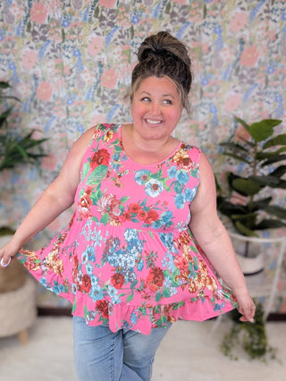 Vida Babydoll Tank in Florals on Bright Pink-1- ShortSlv/Slvless Tops-BE STAGE-Styled by Stacked - A Plus Size Women's Boutique in Lakeville, MN