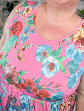 Vida Babydoll Tank in Florals on Bright Pink-1- ShortSlv/Slvless Tops-BE STAGE-Styled by Stacked - A Plus Size Women's Boutique in Lakeville, MN