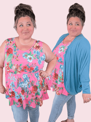 Vida Babydoll Tank in Florals on Bright Pink-1- ShortSlv/Slvless Tops-BE STAGE-Styled by Stacked - A Plus Size Women's Boutique in Lakeville, MN