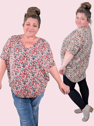 Viola Painted Floral Vneck w/Dolman Short Sleeves-1- ShortSlv/Slvless Tops-WHITE BIRCH-Styled by Stacked - A Plus Size Women's Boutique in Lakeville, MN