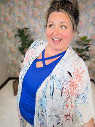 Sable Strappy Neck Short Sleeve Tee in Cobalt-1- ShortSlv/Slvless Tops-HEIMISH-Styled by Stacked - A Plus Size Women's Boutique in Lakeville, MN