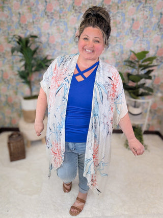 Sable Strappy Neck Short Sleeve Tee in Cobalt-1- ShortSlv/Slvless Tops-HEIMISH-Styled by Stacked - A Plus Size Women's Boutique in Lakeville, MN