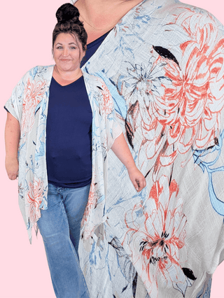 4- Overlayer Tops Virginia Botanical Kimono on Beige plus size clothing