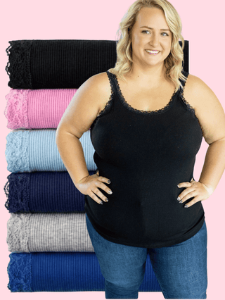 1- ShortSlv/Slvless Tops Vivette Lace Trim Ribbed Tank (6 Colors) plus size clothing
