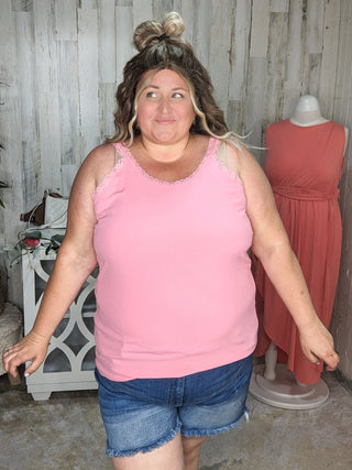Vivette Lace Trim Ribbed Tank (9 COLORS)-1- ShortSlv/Slvless Tops-Michelle Mae-Styled by Stacked - A Plus Size Women's Boutique in Lakeville, MN
