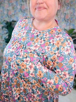 Wanda Long Sleeve Tiered Top in Floral on Faded Teal-2- Long Sleeve Tops-HEIMISH-Styled by Stacked - A Plus Size Women's Boutique in Lakeville, MN