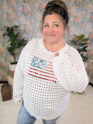 Wave Your Flag Summer Weight Sweater w/Sequin Flag-2- Long Sleeve Tops-MICHELLE MAE-Styled by Stacked - A Plus Size Women's Boutique in Lakeville, MN
