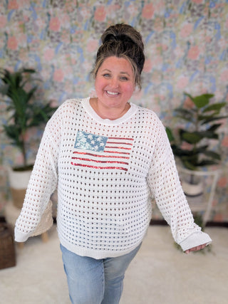 Wave Your Flag Summer Weight Sweater w/Sequin Flag-2- Long Sleeve Tops-MICHELLE MAE-Styled by Stacked - A Plus Size Women's Boutique in Lakeville, MN