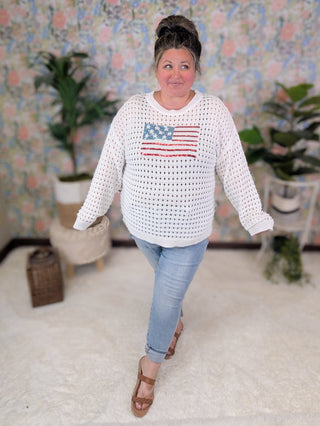 Wave Your Flag Summer Weight Sweater w/Sequin Flag-2- Long Sleeve Tops-MICHELLE MAE-Styled by Stacked - A Plus Size Women's Boutique in Lakeville, MN