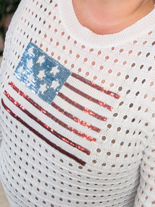 Wave Your Flag Summer Weight Sweater w/Sequin Flag-2- Long Sleeve Tops-MICHELLE MAE-Styled by Stacked - A Plus Size Women's Boutique in Lakeville, MN