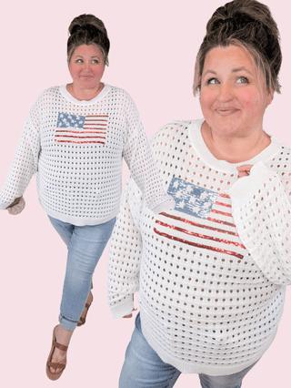 Wave Your Flag Summer Weight Sweater w/Sequin Flag-2- Long Sleeve Tops-MICHELLE MAE-Styled by Stacked - A Plus Size Women's Boutique in Lakeville, MN