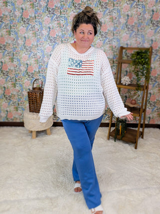 2- Long Sleeve Tops Wave Your Flag Summer Weight Sweater w/Sequin Flag plus size clothing