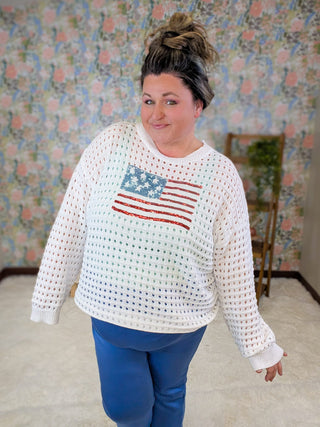 2- Long Sleeve Tops Wave Your Flag Summer Weight Sweater w/Sequin Flag plus size clothing