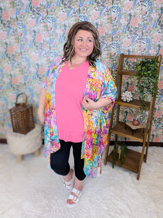 4- Overlayer Tops Wesley Painted Bright Floral Kimono plus size clothing