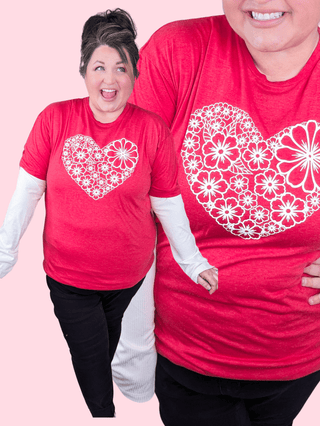 White Sketched Floral Heart Tee on Heathered Red-6- Graphic Tops-Stacked - A Plus Size Boutique-Styled by Stacked - A Plus Size Women's Boutique in Lakeville, MN