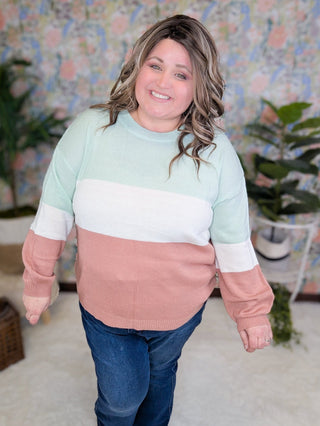 Whitley Colorblock Sweater in Pink, Mint + Ivory-2- Long Sleeve Tops-SEW IN LOVE-Styled by Stacked - A Plus Size Women's Boutique in Lakeville, MN