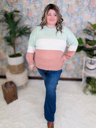 Whitley Colorblock Sweater in Pink, Mint + Ivory-2- Long Sleeve Tops-SEW IN LOVE-Styled by Stacked - A Plus Size Women's Boutique in Lakeville, MN